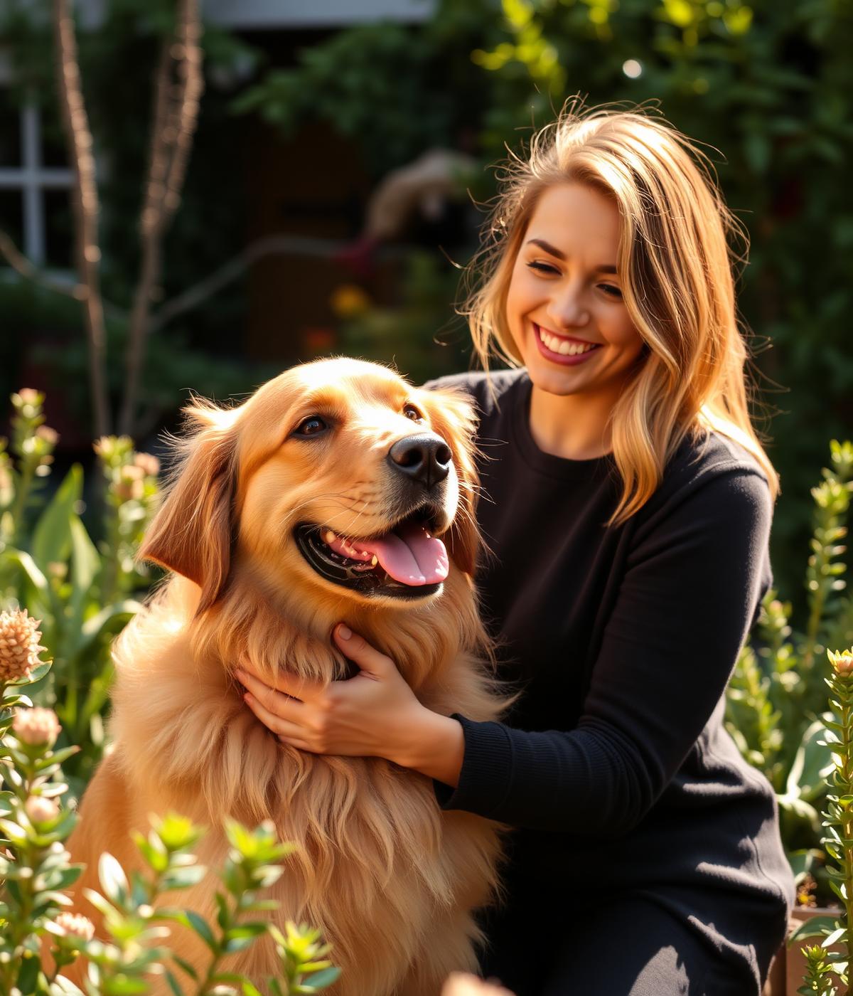 Mila met een blije golden retriever in een zonnige tuin